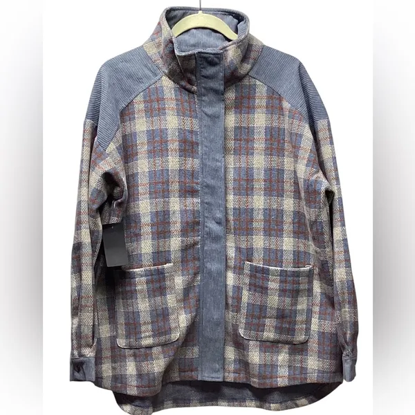 Hem and Thread Blue And Tan Plaid corduroy and twill shacket. Size Large - Image 6