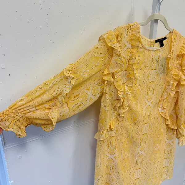Forever 21 Yellow Paisley Ruffle Mini Dress Long Sleeve Smocked Cuffs Size Small - Image 5