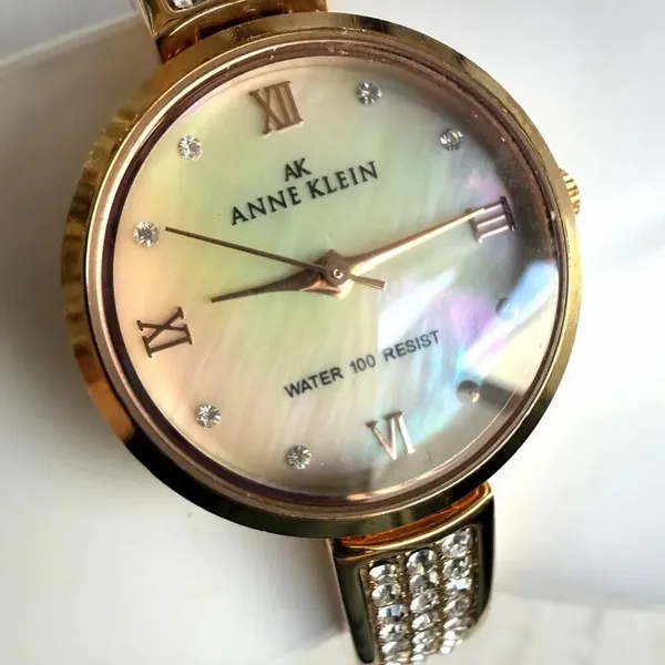 Anne Klein AK Gold Tone Watch Mother of Pearl Dial Crystal Accents Water Resist - Image 2