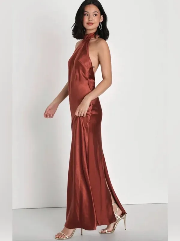 Lulus NWT Women Large Rusty Brown Halter Satin Maxi Dress - Image 2