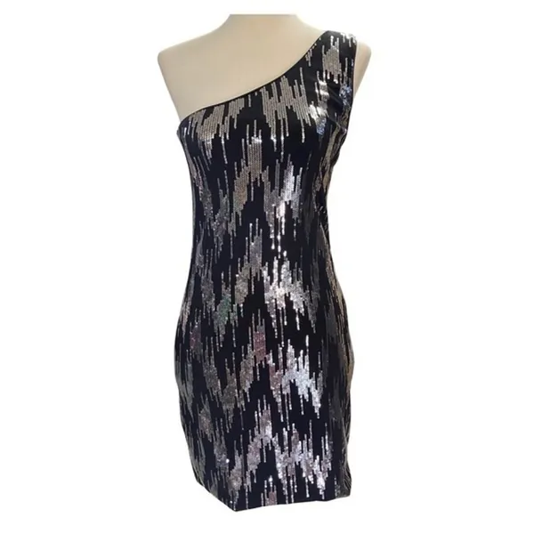 Charlotte Russe Womens Dress Sz S One Shoulder Black and Silver‎ Sequin Mini - Image 5