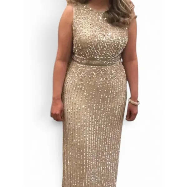Mac Duggal Nude‎ Champagne Beaded Sequin Midi Sheath Cocktail Dress NWT Sz 8 - Image 7