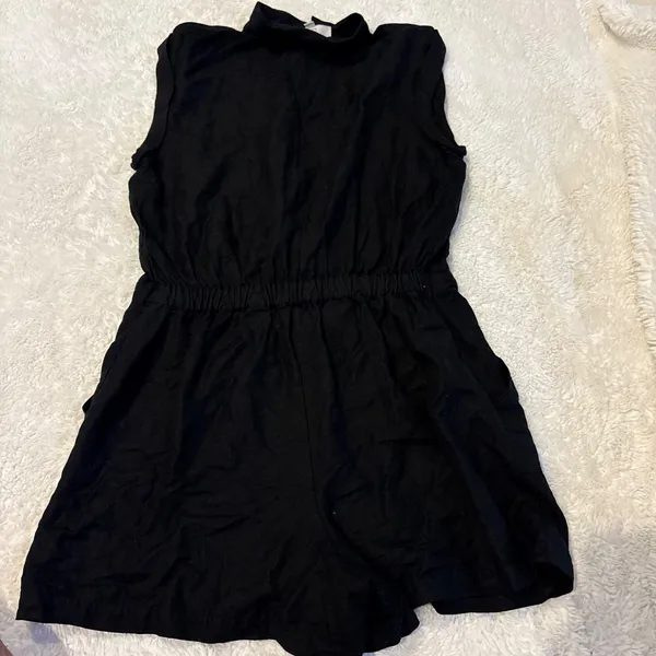 LOFT Women Black Linen Short Sleeve Romper Boho Indie Resort Casual Preppy Sz L - Image 2
