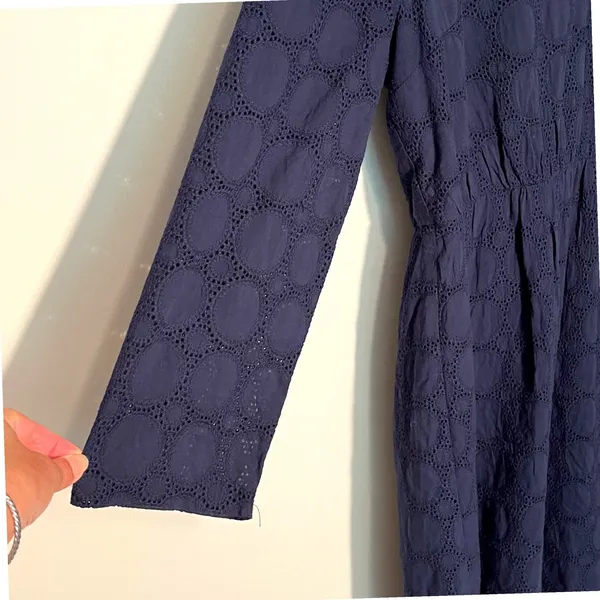 J Crew Navy Blue‎ Cotton Eyelet Dress V Neck 3/4 Sleeve Scalloped Hem Women's 14 - Image 5