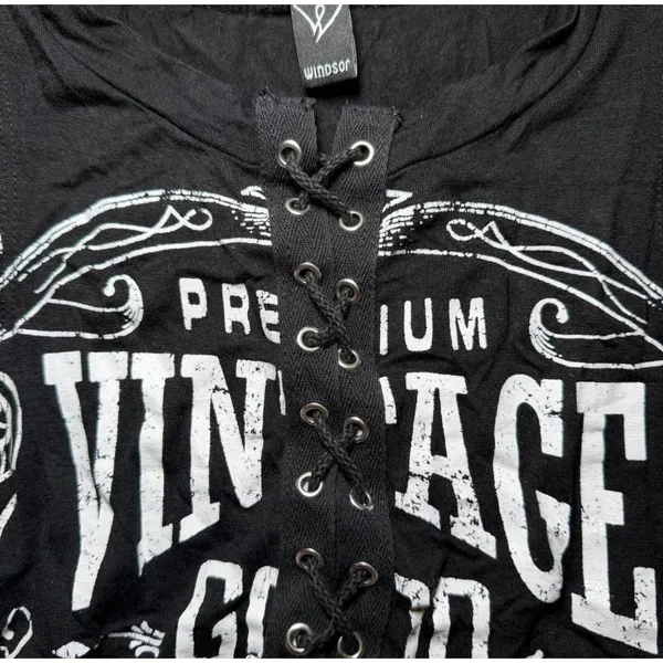 Windsor Graphic Tank Top Womens Small Black Whiskey Lace Up Front Vintage Style - Image 5