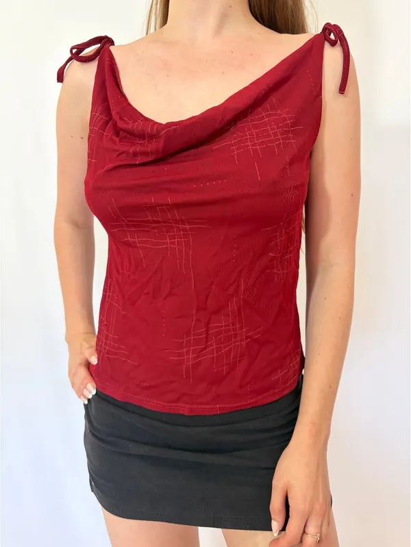 Red Slinky Cowl Neck Sparkly Top with Ties Size M - Image 7