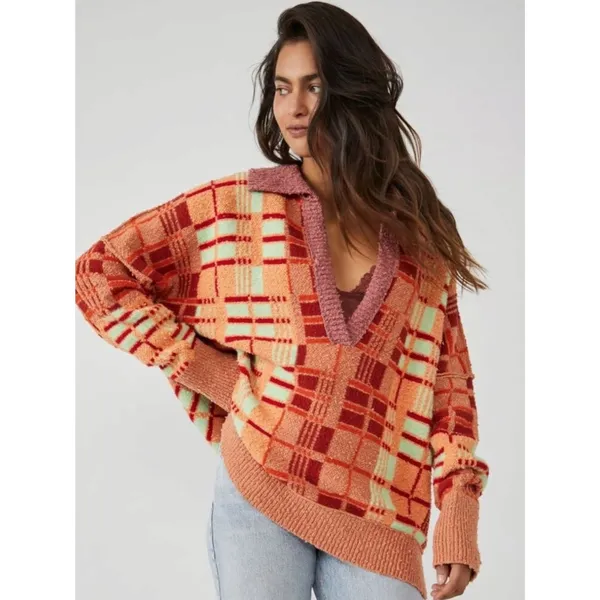 Free People Retro 70s Oversized Plaid Ruben Pullover Tunic Sweater Size Medium - Image 6