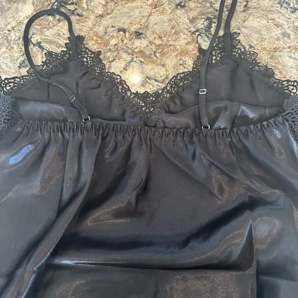 Black Satin Pajama Set Robe Pants Nightie Lace Trim Womens Size M/L New Lingerie - Image 16