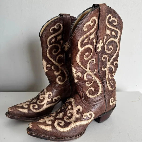 Tony Lama Y2K Floral Design Western Cowboy Boots Size 7 Brown - Image 2