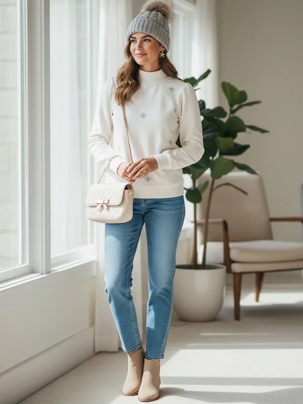 LOFT Ivory Snowflake Embroidered Mock Neck Sweatshirt Winter Cozy Small in GUC - Image 3
