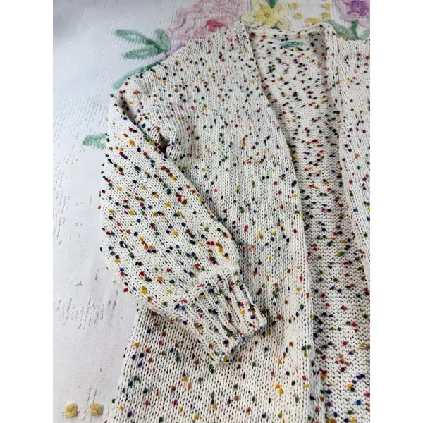 P.S. Kate Confetti Pom Pom Open Front Cardigan Cream Multi Knit Sweater M/L - Image 3