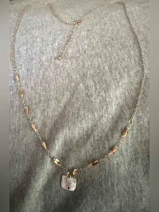 Gold Tone Pendant Necklace with Textured Square Charm - Image 2