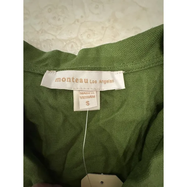Monteau‎ dress button-front Shirt ruffle Peter Pan collar Linen Green Size Small - Image 6