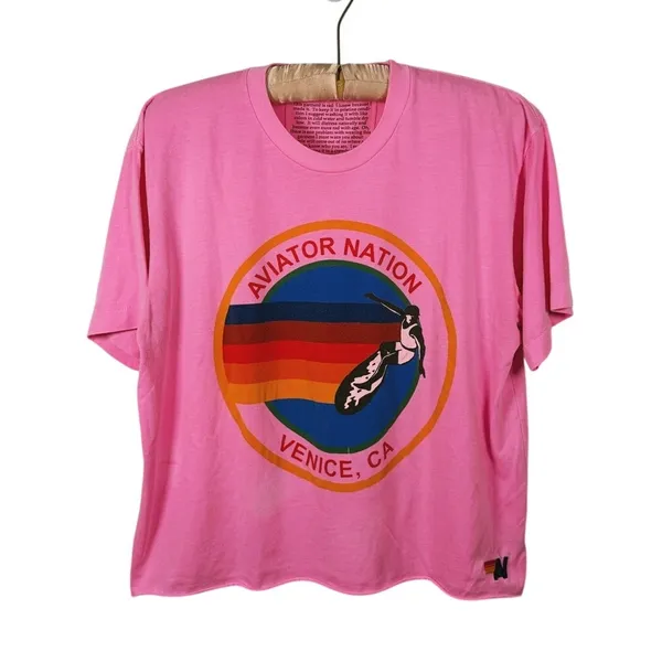 Aviator Nation Womens Venice Surfer Graphic Tee Size L Pink Raw Hem Indie Casual - Image 2