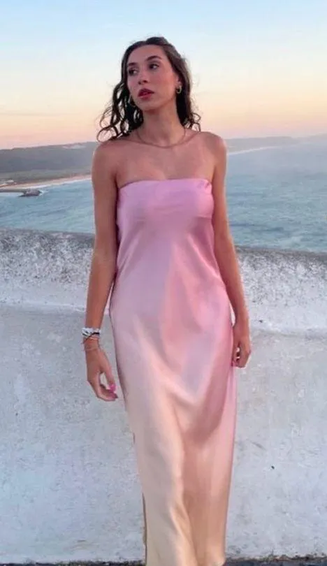 Zara midi dress maxi tie dye pink beige satin strapless wedding shower date - Image 10