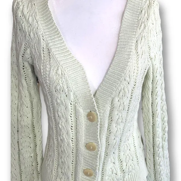 Vintage 90s Fitted Cable Knit‎ Cardigan Sweater Cropped Pastel Pistachio Green - Image 4