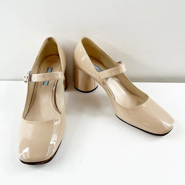 Prada Patent Leather Block Heel Square Toe Mary Jane Pumps Shoes Nude 38.5 - Image 5