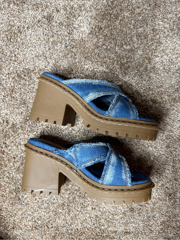 Delia's by Dolls Kill Star Worthy Cross Strap Slides 7 Denim Block Heel Sandals - Image 8