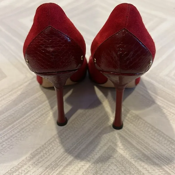 Jimmy Choo Rocky Red Suede Peep-Toe Pumps for Women – Size 37.5 - Image 6