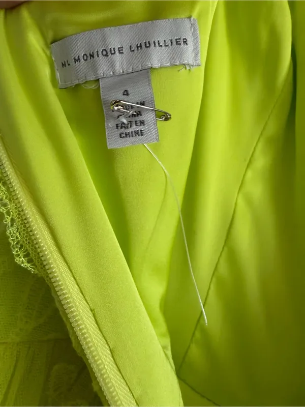 Monique Lhuillier Neon Yellow Floral Lace Maxi Gown Dress Size 4 - Image 4