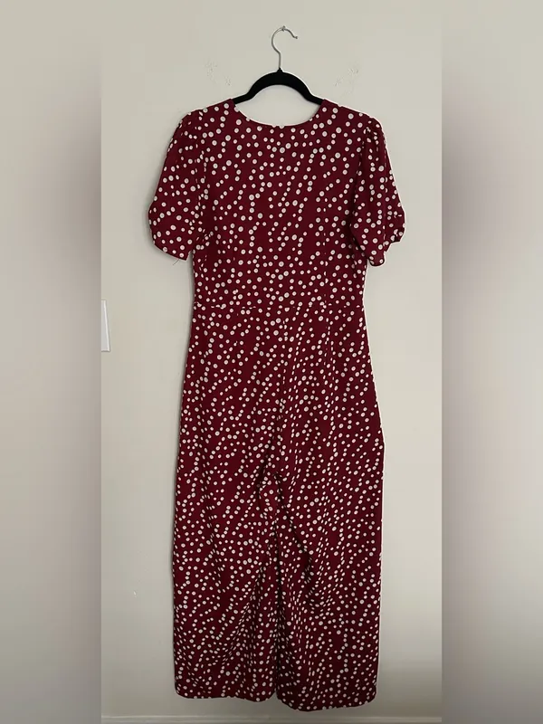 Hayden Los Angeles V-Neck Burgundy Polka Dot Button-Front Jumpsuit - Image 3