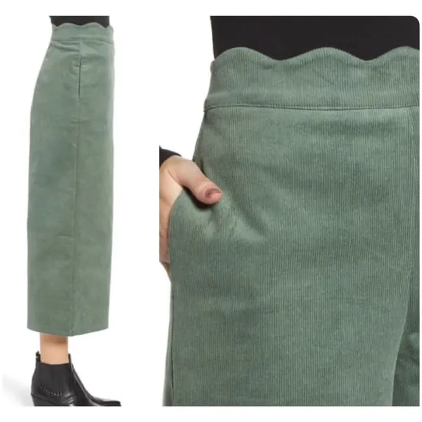 BP Nordstrom XS Green Scallop Waist Wide Leg Corduroy Crop Pants Cords Pant v6x - Image 3