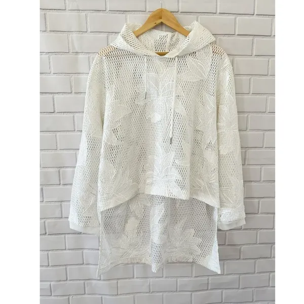 Free People FP Movement White Floral Mesh Hoodie High Low Hem Sweatshirt‎ Large - Image 2