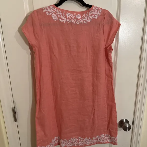 HIHO Tortola Women's Coral 100% Linen White Embroidered Beach Dress Sz. SMALL - Image 4