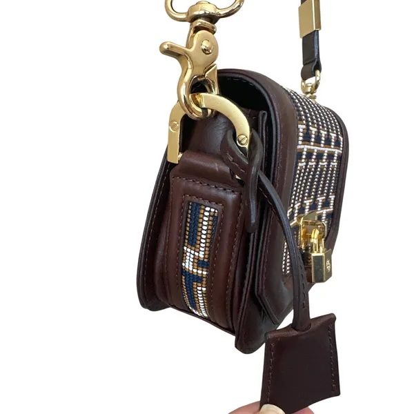 Tory Burch Mini Crossbody‎ Navy Brown Logo Jacquard Lock Bag - Image 9