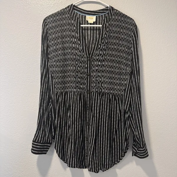 Anthropologie Maeve Size-8‎ Tunic Top Calia Black Geometric Stripe Buttondown - Image 3