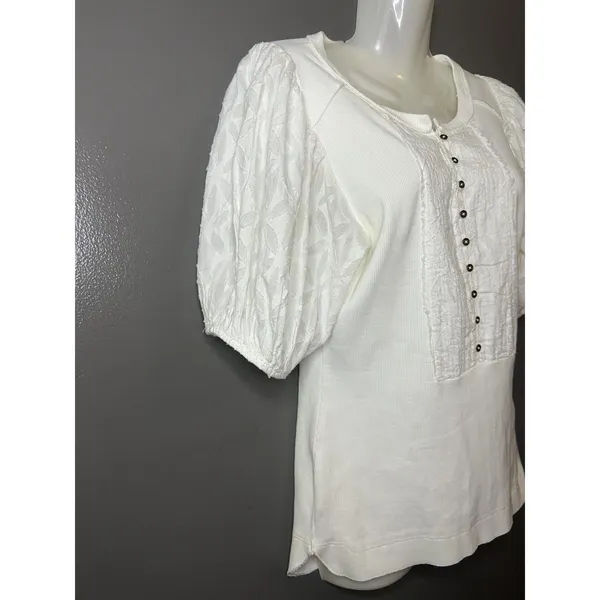 Pilcro Shirt Womens Small White Henley Puff Short Sleeve Textured Tee Top - Image 3