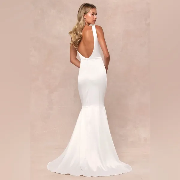 LULU’S Luxe Loveliness White Satin Backless Mermaid Maxi Dress - Image 5