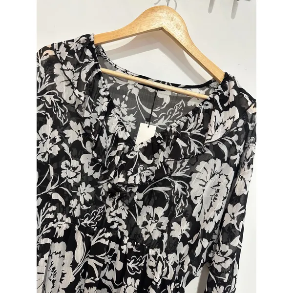 Zara Floral Print Ruffle Mini Dress Black White Long Sleeve V-Neck Size M NWT - Image 3