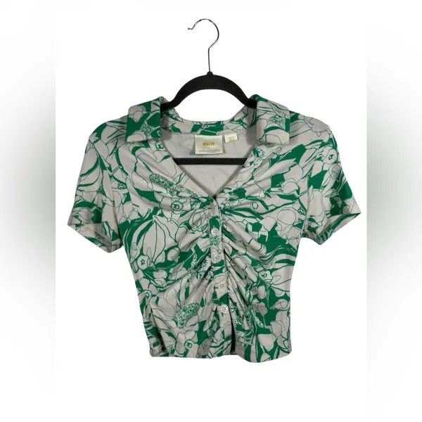 Maeve Anthropologie Green‎ Floral Ruched Button Front Top Size Small Collared - Image 3