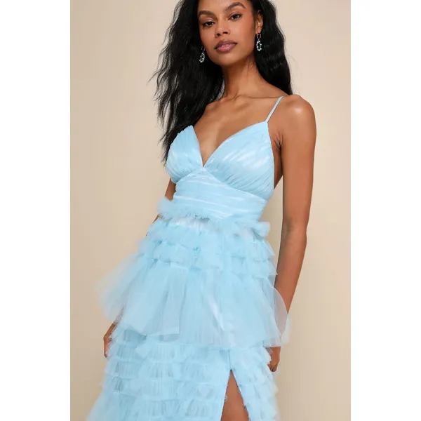 NWT Lulus Gorgeous Statement Blue Tulle Tiered Ruffled Maxi Dress Prom Gala XS - Image 3