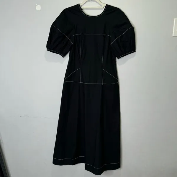 NWT‎ Madewell Puff-Sleeve Drop-Waist Midi Dress Lightweight Cotton Black NQ890 - Image 3