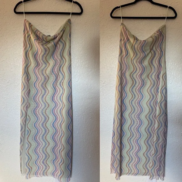 Zara Strapless Mesh Maxi‎ Dress Large Wavy Print Pastel Festival Boho NWT - Image 9