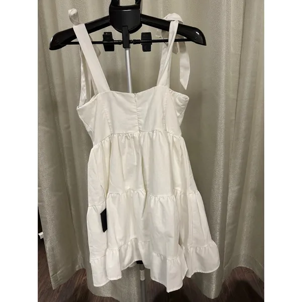 NWT Lulus White Linen-Blend Tiered Tie-Strap‎ Mini Dress - Size Large - Image 2