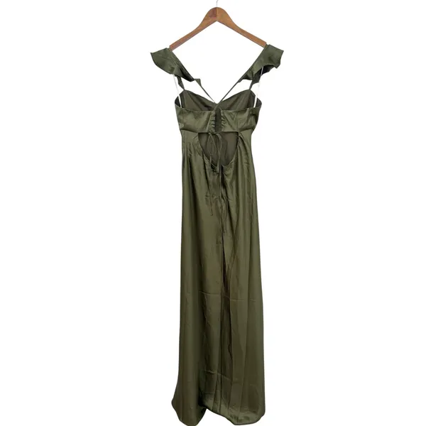 Lulus Exuberant Luxury Olive Green Satin Ruffled Lace-Up Maxi Dress size M NWT - Image 4