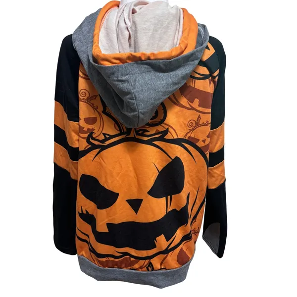 Halloween Hoodie Orange Jack O' Lantern Asymmetric Zip Spooky‎ Festive Pumpkin M - Image 3