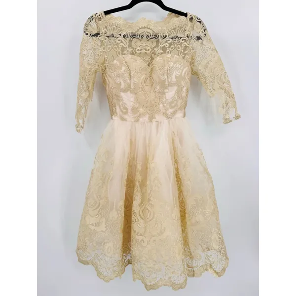 Sheer Gold Lace Overlay Formal Dress Sweetheart Neckline Victorian Regency Sz 2 - Image 3
