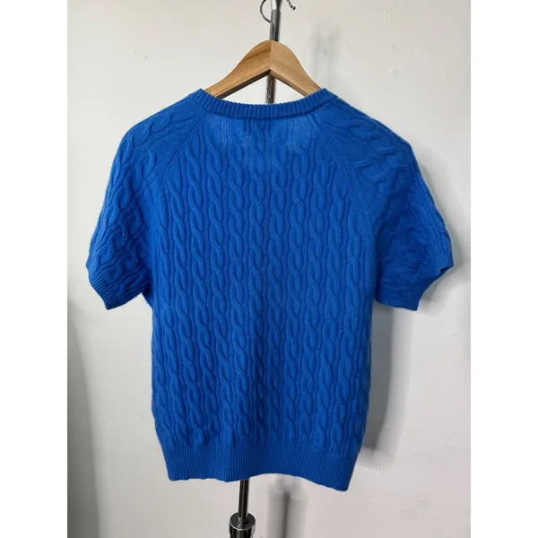J.Crew Cardigan Sweater Blue Cashmere Cable Knit Short Sleeve Button Front - Image 3