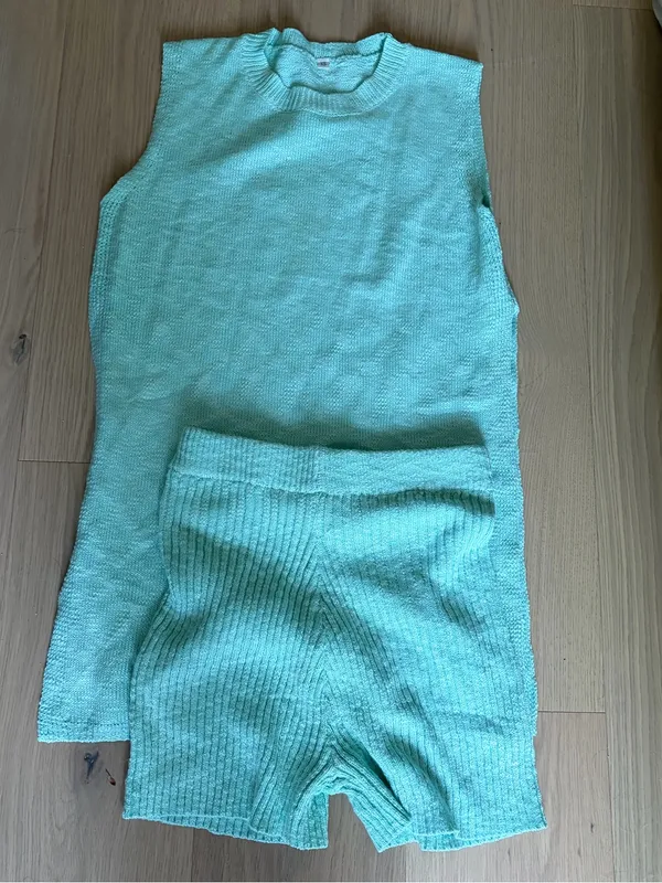 Uaneo 2 Piece Outfit Summer Knit Sweater Set Sleeveless Tunic top and short teal - Image 6