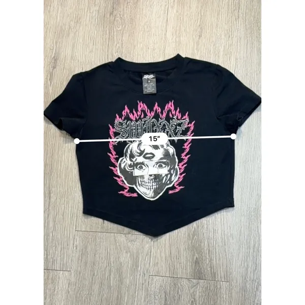 SWIXXZ Face Collage Black Crop T-Shirt Pink Flame Goth Y2K Size M - Image 6