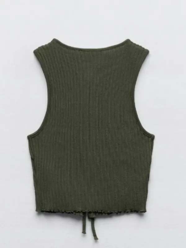 Zara Sleeveless Ribbed Tie Front Knit Top Shirt Dark Green Womens Size Small - Image 2