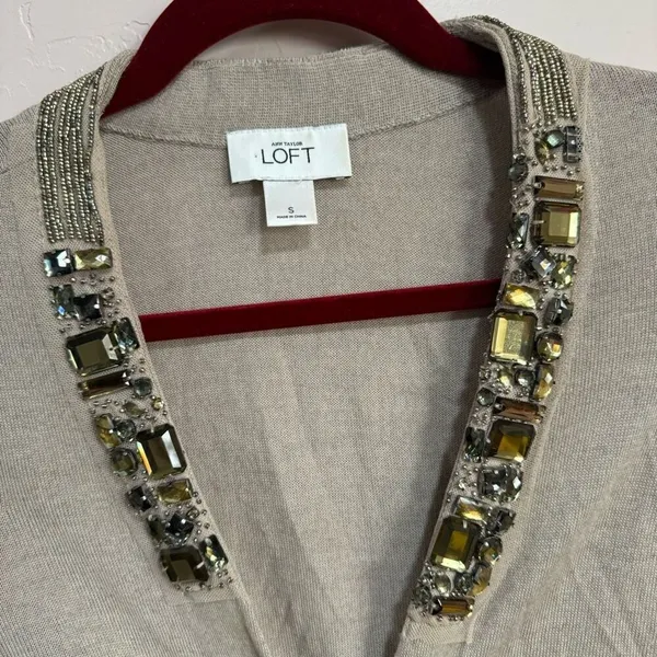 Ann Taylor Loft Taupe Beige Long Sleeve Cardigan Sweater SZ Small JEWLED V NECK - Image 2