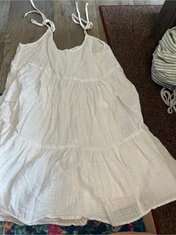 Aerie Magic Hour White Gold Striped Tie-Shoulder Cotton Swim Coverup Dress sz M - Image 14