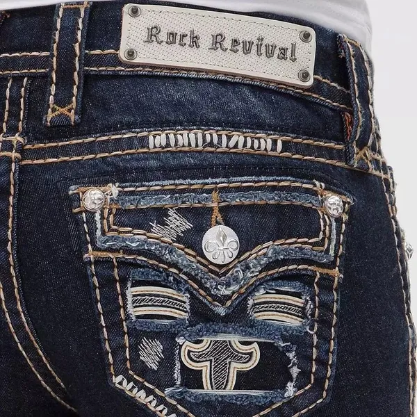Rock Revival Karla Straight Leg Jeans Distressed Dark Wash Size 25 - Image 3