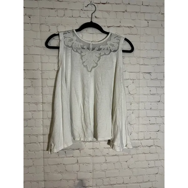Free People Meant To Me Ivory Linen Blend‎ Lace Mesh Yoke Sleeveless Tank Top M - Image 4