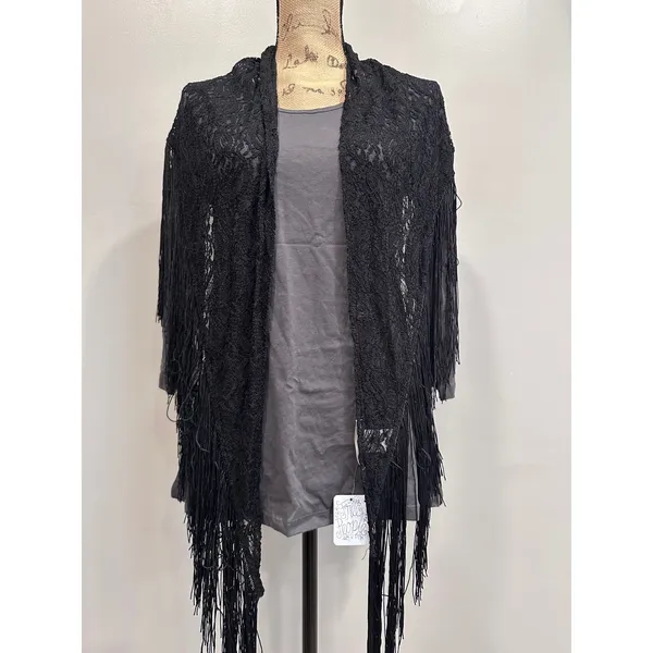 NWT Free People x Do Everything In Love Black Lace Fringe Kimono‎ Shawl Cardigan - Image 3